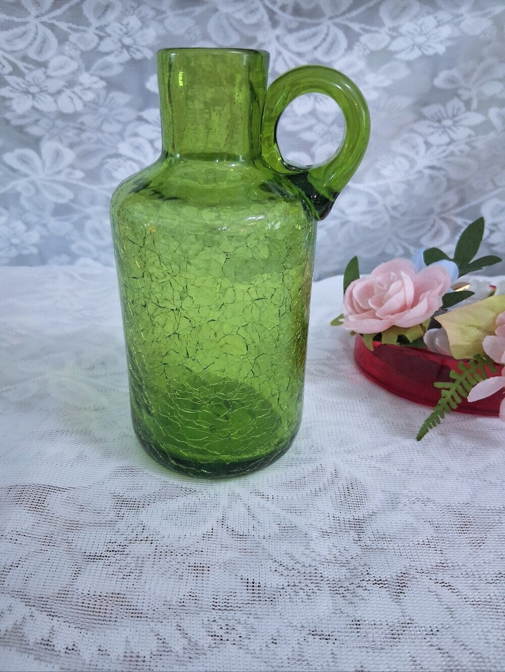 Vintage Blenko Crackle Glass Jug Bottle Spring Green